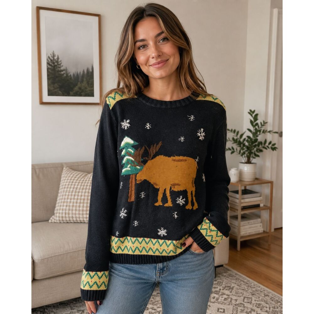All Points by Reference Point Womens Size Small Moose Christmas Sweater Black